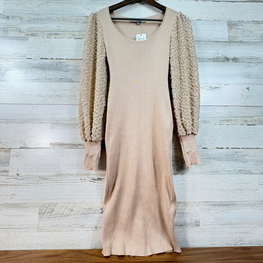 Absolutely Famous Sesame Beige Ribbed Knit Bodycon Dress Balloon Sleeve M Glam